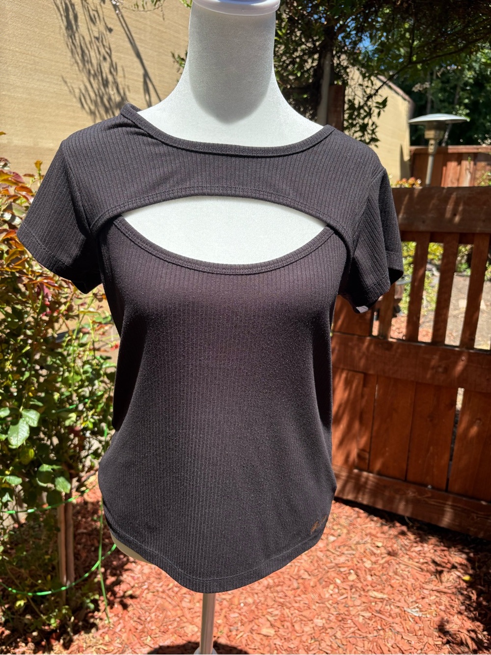 Guess Black Ribbed Short Sleeve Top with Front Cutout